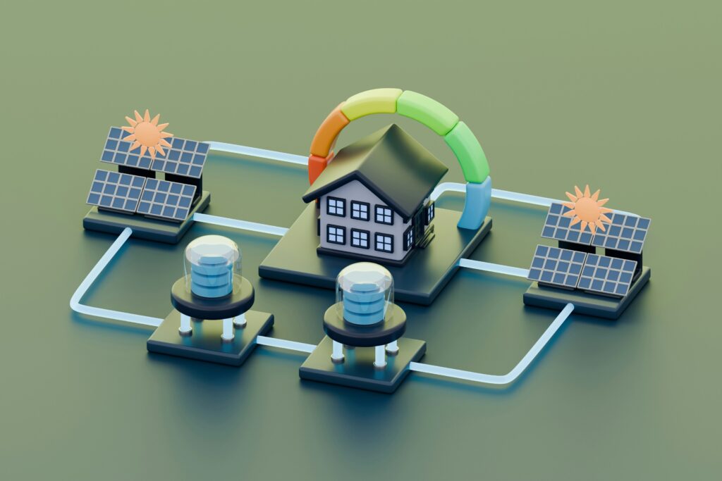 A computer-generated depiction of a home connected to the grid.